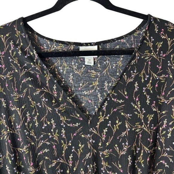 Ava & Viv 3X V-neck black & floral print lantern sleeve pockets - Picture 2 of 8